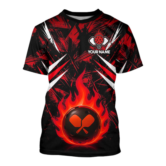 Custom Red Grunge Fire Flame Pickleball Ball & Paddle T-Shirt For Men Outfits Pickleball Jersey NYN2576