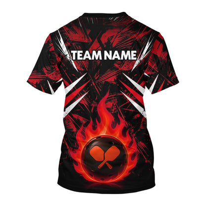 Custom Red Grunge Fire Flame Pickleball Ball & Paddle T-Shirt For Men Outfits Pickleball Jersey NYN2576