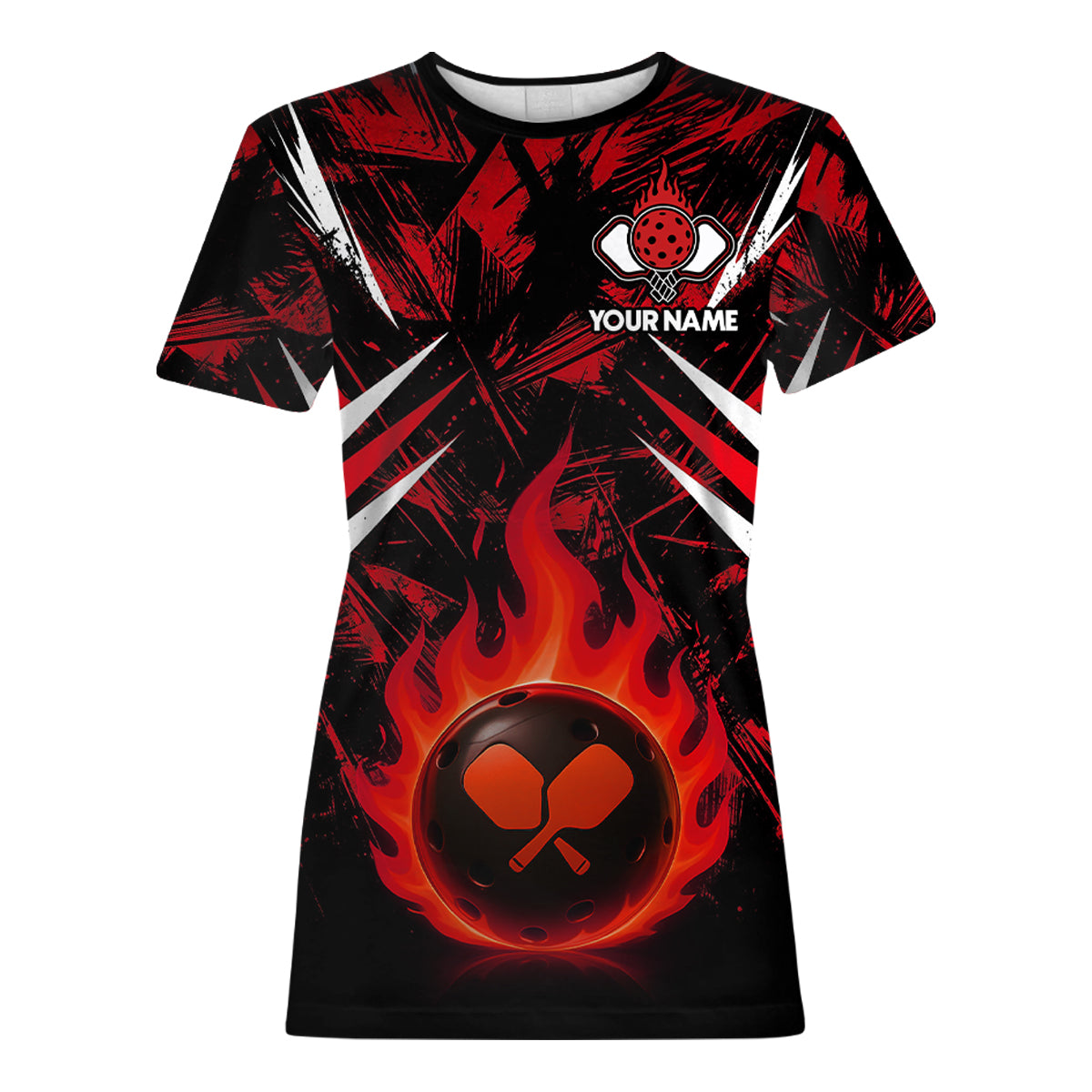 Custom Red Grunge Fire Flame Pickleball Ball & Paddle T-Shirt For Women Outfits Pickleball Jersey NYN2576