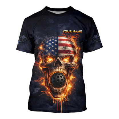 Custom US Flag Skull Fire Flame Pickleball Ball & Paddle T-Shirt Pickleball Jersey For Men NYN2579