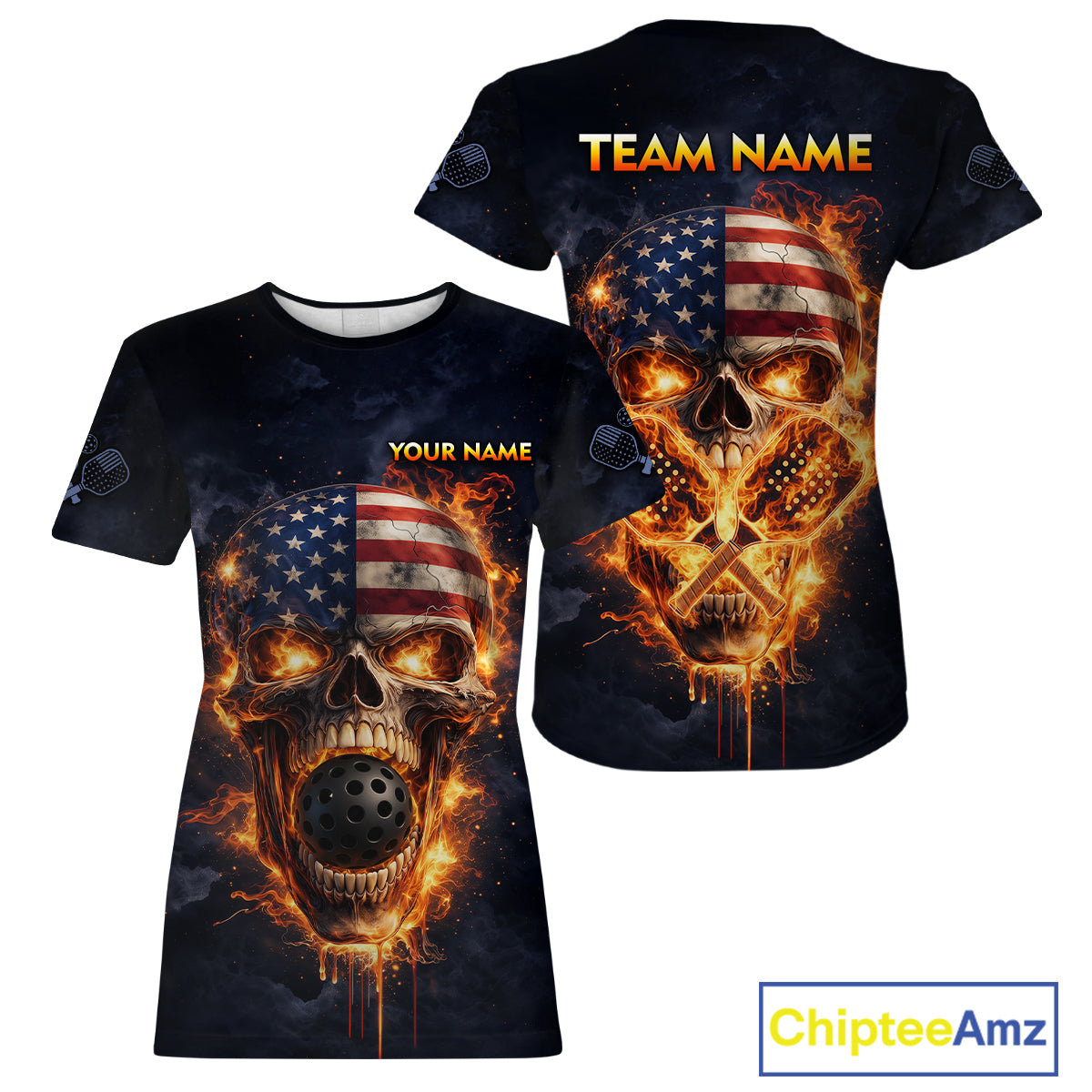 Custom US Flag Skull Fire Flame Pickleball Ball & Paddle T-Shirt Pickleball Jersey For Women NYN2579