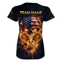 Load image into Gallery viewer, Custom US Flag Skull Fire Flame Pickleball Ball &amp; Paddle T-Shirt Pickleball Jersey For Women NYN2579
