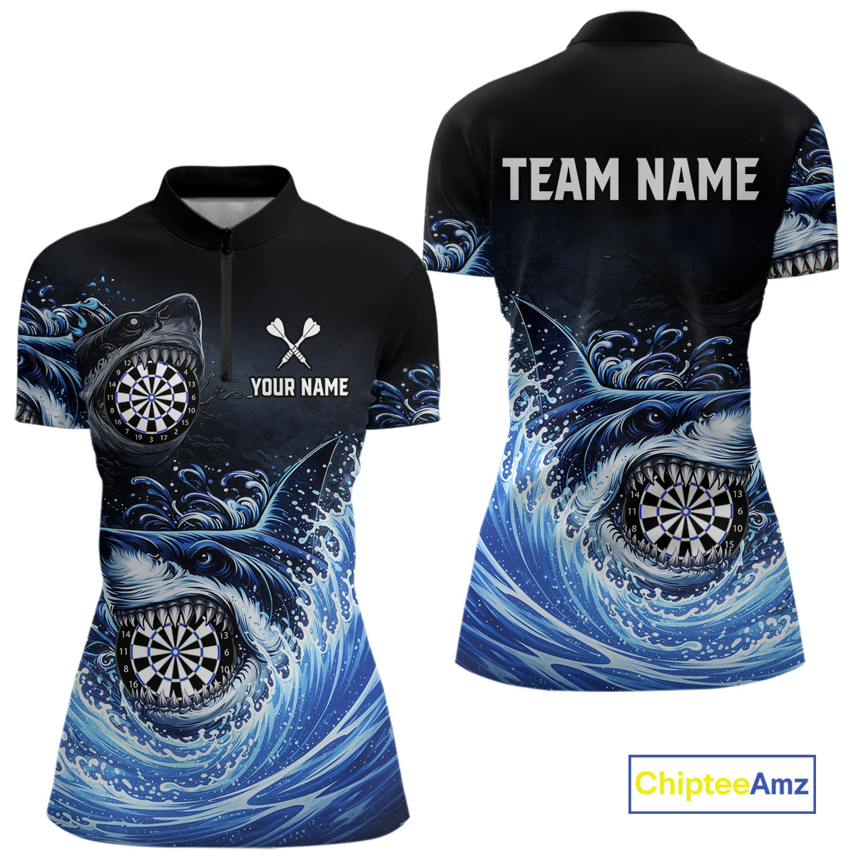 Personalized Funny Shark Waving Blue Dartboard Women Darts 1/4-Zip Shirt Custom Darts Team Jerseys NYN2583