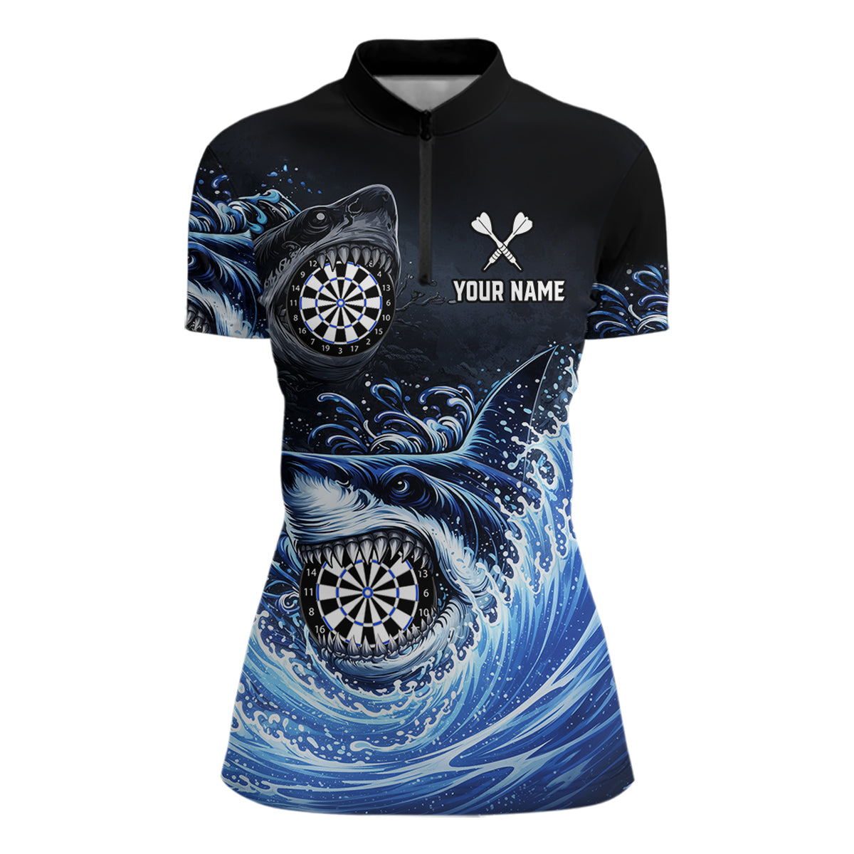 Personalized Funny Shark Waving Blue Dartboard Women Darts 1/4-Zip Shirt Custom Darts Team Jerseys NYN2583