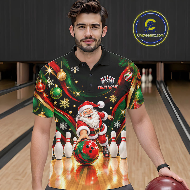 Custom Merry Christmas Bowling Polo 1/4-Zip Shirt For Men Snowflake Santa Funny Bowling Team Apparel NYN5054