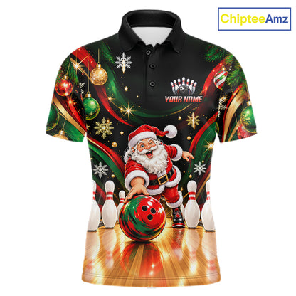 Custom Merry Christmas Bowling Polo 1/4-Zip Shirt For Men Snowflake Santa Funny Bowling Team Apparel NYN5054