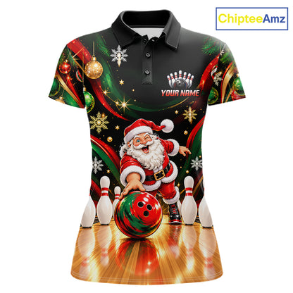 Custom Merry Christmas Bowling Polo 1/4-Zip Shirt For Women Snowflake Santa Funny Bowling Team Apparel NYN5054