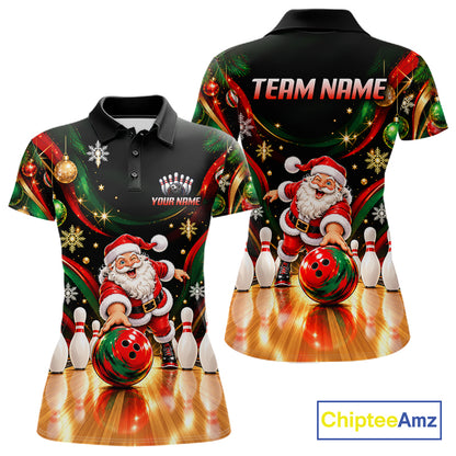 Custom Merry Christmas Bowling Polo 1/4-Zip Shirt For Women Snowflake Santa Funny Bowling Team Apparel NYN5054