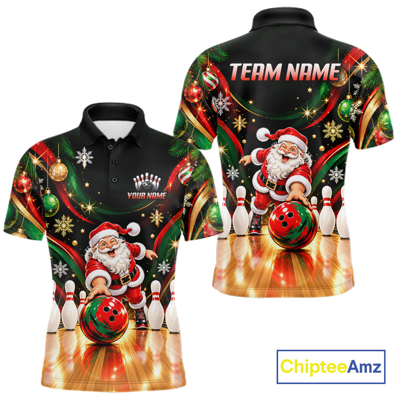 Custom Merry Christmas Bowling Polo 1/4-Zip Shirt For Men Snowflake Santa Funny Bowling Team Apparel NYN5054