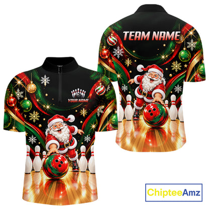 Custom Merry Christmas Bowling Polo 1/4-Zip Shirt For Men Snowflake Santa Funny Bowling Team Apparel NYN5054