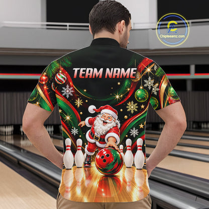 Custom Merry Christmas Bowling Polo 1/4-Zip Shirt For Men Snowflake Santa Funny Bowling Team Apparel NYN5054