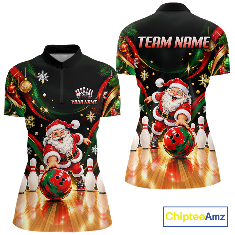Custom Merry Christmas Bowling Polo 1/4-Zip Shirt For Women Snowflake Santa Funny Bowling Team Apparel NYN5054