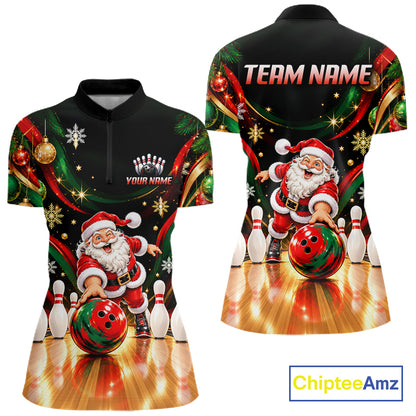 Custom Merry Christmas Bowling Polo 1/4-Zip Shirt For Women Snowflake Santa Funny Bowling Team Apparel NYN5054