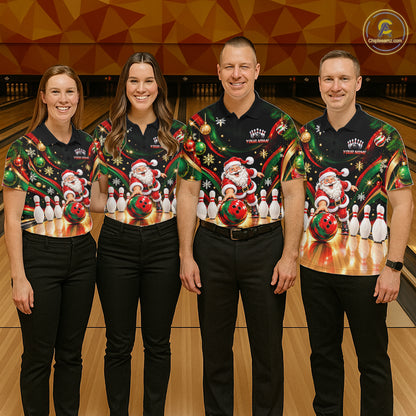 Custom Merry Christmas Bowling Polo 1/4-Zip Shirt For Women Snowflake Santa Funny Bowling Team Apparel NYN5054