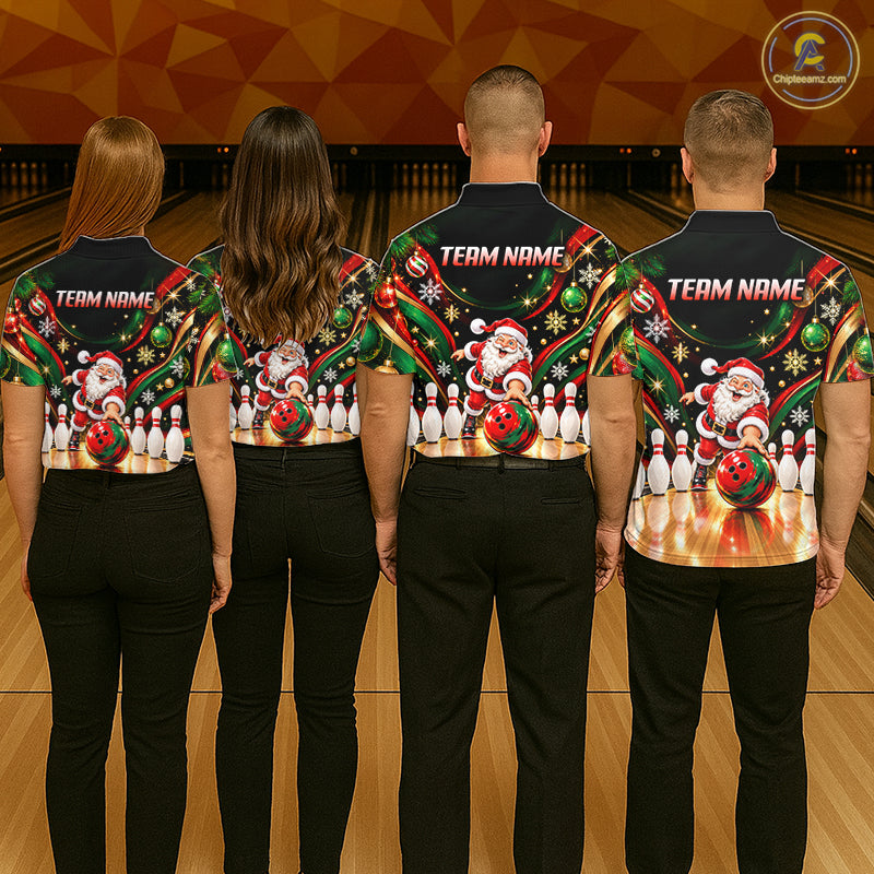 Custom Merry Christmas Bowling Polo 1/4-Zip Shirt For Women Snowflake Santa Funny Bowling Team Apparel NYN5054