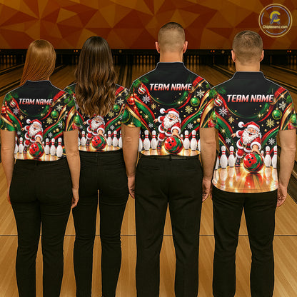Custom Merry Christmas Bowling Polo 1/4-Zip Shirt For Women Snowflake Santa Funny Bowling Team Apparel NYN5054
