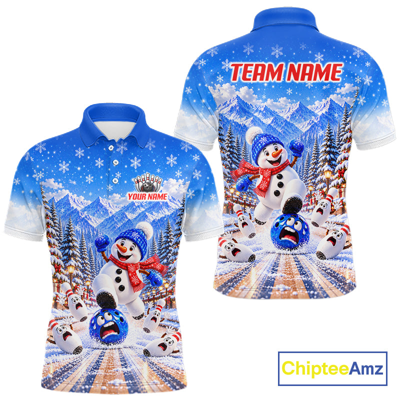 Christmas Snowman Men Bowling Polo 1/4-Zip Shirt Custom Winter Snowflake Funny Bowling Pins Jersey NYN5058