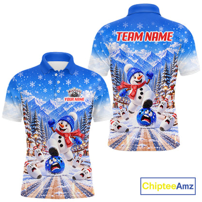 Christmas Snowman Men Bowling Polo 1/4-Zip Shirt Custom Winter Snowflake Funny Bowling Pins Jersey NYN5058