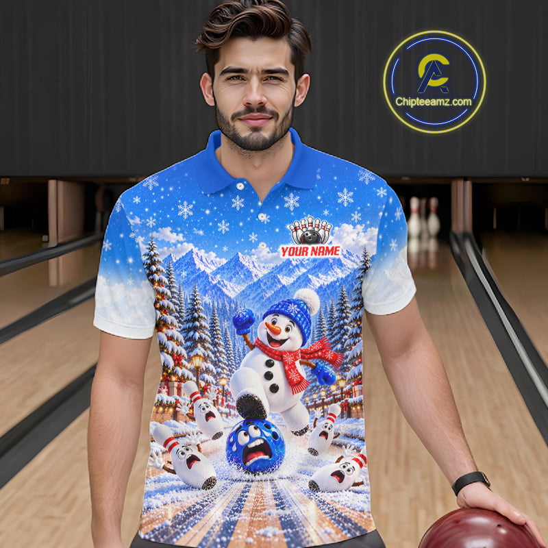 Christmas Snowman Men Bowling Polo 1/4-Zip Shirt Custom Winter Snowflake Funny Bowling Pins Jersey NYN5058