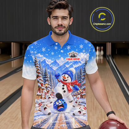 Christmas Snowman Men Bowling Polo 1/4-Zip Shirt Custom Winter Snowflake Funny Bowling Pins Jersey NYN5058