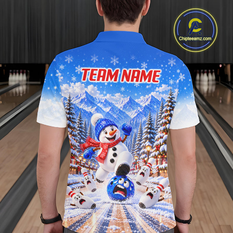 Christmas Snowman Men Bowling Polo 1/4-Zip Shirt Custom Winter Snowflake Funny Bowling Pins Jersey NYN5058
