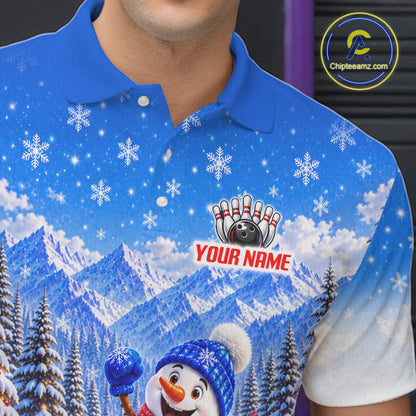 Christmas Snowman Men Bowling Polo 1/4-Zip Shirt Custom Winter Snowflake Funny Bowling Pins Jersey NYN5058