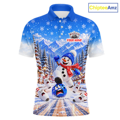 Christmas Snowman Men Bowling Polo 1/4-Zip Shirt Custom Winter Snowflake Funny Bowling Pins Jersey NYN5058