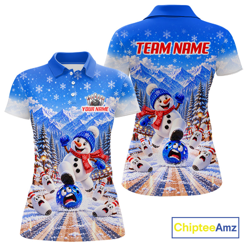 Christmas Snowman Women Bowling Polo 1/4-Zip Shirt Custom Winter Snowflake Funny Bowling Pins Jersey NYN5058