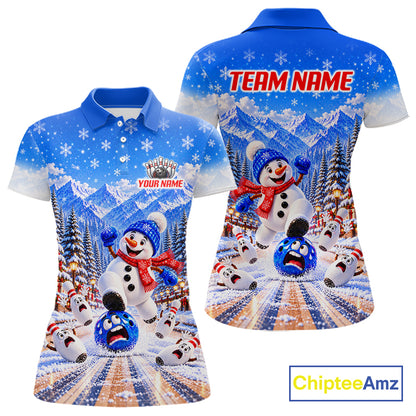 Christmas Snowman Women Bowling Polo 1/4-Zip Shirt Custom Winter Snowflake Funny Bowling Pins Jersey NYN5058