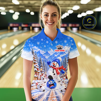 Christmas Snowman Women Bowling Polo 1/4-Zip Shirt Custom Winter Snowflake Funny Bowling Pins Jersey NYN5058