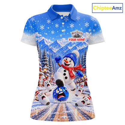 Christmas Snowman Women Bowling Polo 1/4-Zip Shirt Custom Winter Snowflake Funny Bowling Pins Jersey NYN5058
