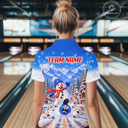 Christmas Snowman Women Bowling Polo 1/4-Zip Shirt Custom Winter Snowflake Funny Bowling Pins Jersey NYN5058