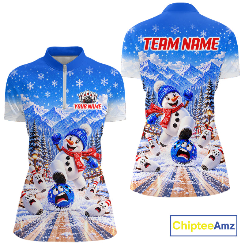 Christmas Snowman Women Bowling Polo 1/4-Zip Shirt Custom Winter Snowflake Funny Bowling Pins Jersey NYN5058