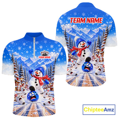Christmas Snowman Men Bowling Polo 1/4-Zip Shirt Custom Winter Snowflake Funny Bowling Pins Jersey NYN5058