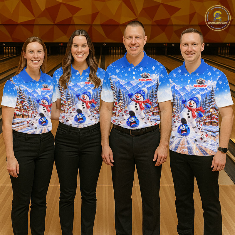 Christmas Snowman Men Bowling Polo 1/4-Zip Shirt Custom Winter Snowflake Funny Bowling Pins Jersey NYN5058