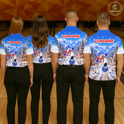 Christmas Snowman Men Bowling Polo 1/4-Zip Shirt Custom Winter Snowflake Funny Bowling Pins Jersey NYN5058