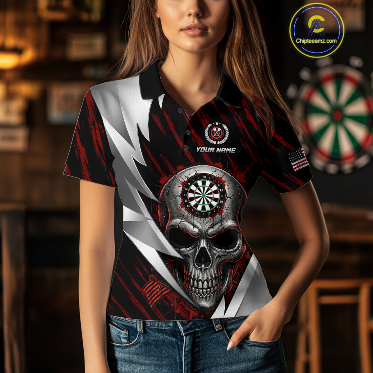 Silver Skull Red Grunge US Flag Women Darts Polo Shirt Custom Name Dart League Jerseys NYN2061
