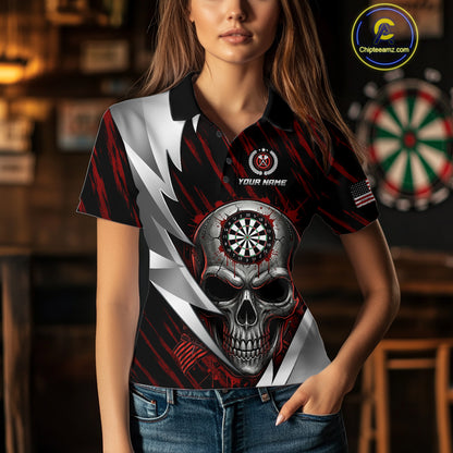 Silver Skull Red Grunge US Flag Women Darts Polo Shirt Custom Name Dart League Jerseys NYN2061