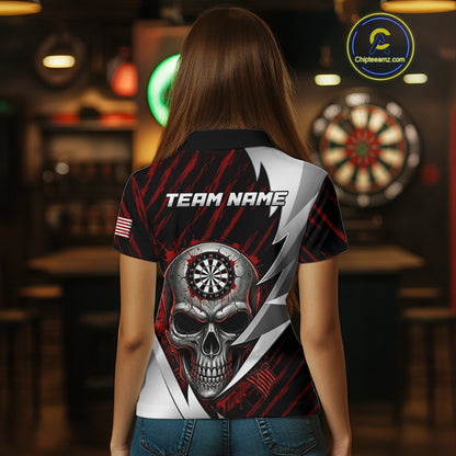 Silver Skull Red Grunge US Flag Women Darts Polo Shirt Custom Name Dart League Jerseys NYN2061