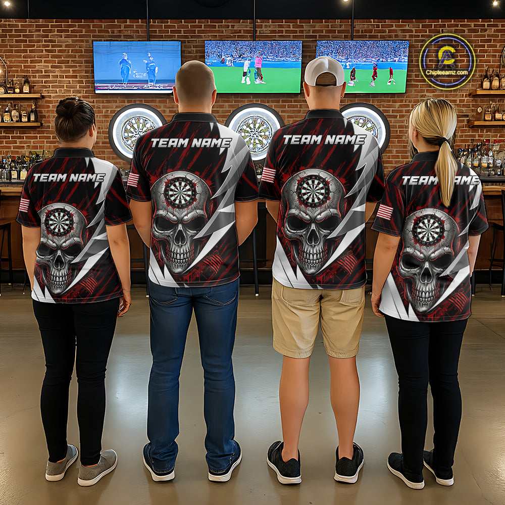 Silver Skull Red Grunge US Flag Women Darts Quarter-Zip Shirt Custom Name Dart League Jerseys NYN2061