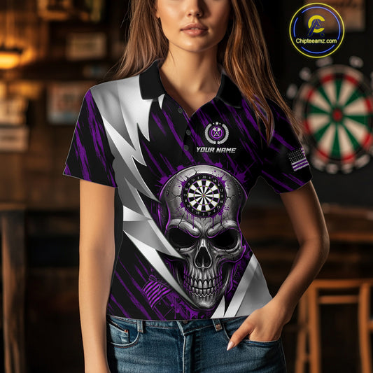 Silver Skull Purple Grunge US Flag Women Darts Polo Shirt Custom Name Dart League Jerseys NYN2062