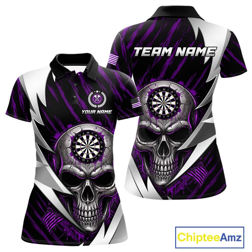 Silver Skull Purple Grunge US Flag Women Darts Polo Shirt Custom Name Dart League Jerseys NYN2062