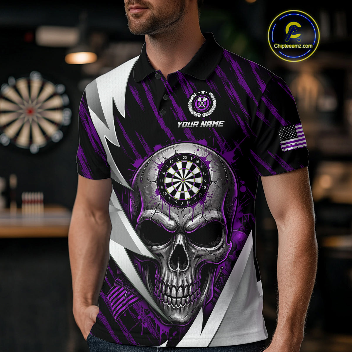Silver Skull Purple Grunge US Flag Men Darts Polo Shirt Custom Name Dart League Jerseys NYN2062