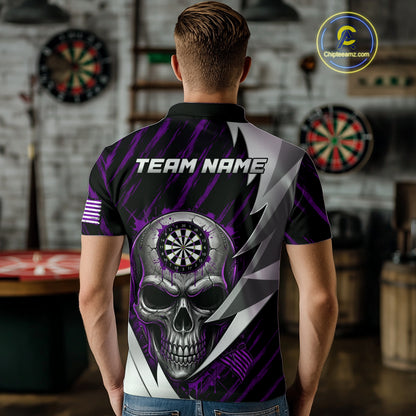 Silver Skull Purple Grunge US Flag Men Darts Polo Shirt Custom Name Dart League Jerseys NYN2062