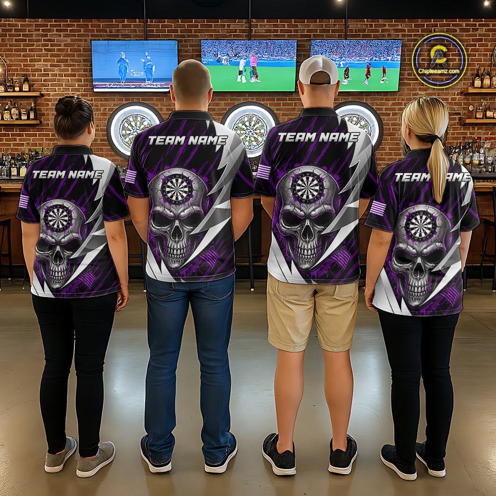Silver Skull Purple Grunge US Flag Women Darts Polo Shirt Custom Name Dart League Jerseys NYN2062