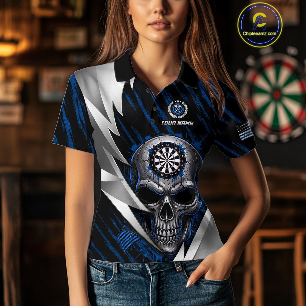 Silver Skull Blue Grunge US Flag Women Darts Polo Shirt Custom Name Dart League Jerseys NYN2063