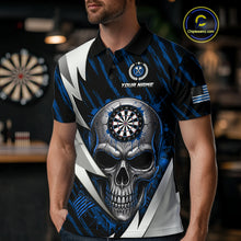 Load image into Gallery viewer, Silver Skull Blue Grunge US Flag Men Darts Polo Shirt Custom Name Dart League Jerseys NYN2063