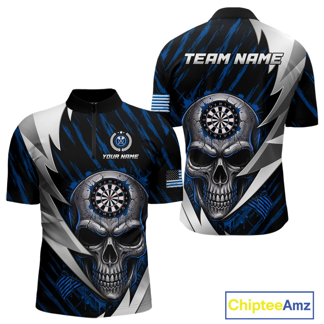 Silver Skull Blue Grunge US Flag Men Darts Quarter-Zip Shirt Custom Name Dart League Jerseys NYN2063