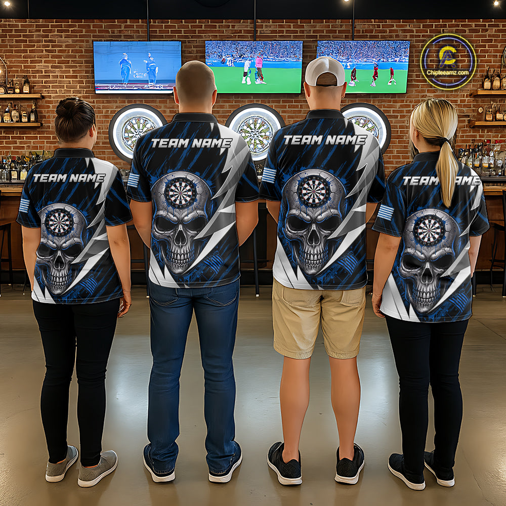 Silver Skull Blue Grunge US Flag Women Darts Polo Shirt Custom Name Dart League Jerseys NYN2063
