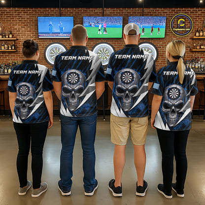 Silver Skull Blue Grunge US Flag Women Darts Polo Shirt Custom Name Dart League Jerseys NYN2063